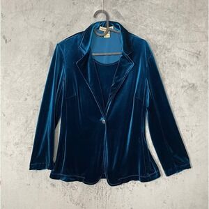 Y2K Whimsigoth Teal Velvet Blazer Fitted Evening Jacket Small Workwear Business